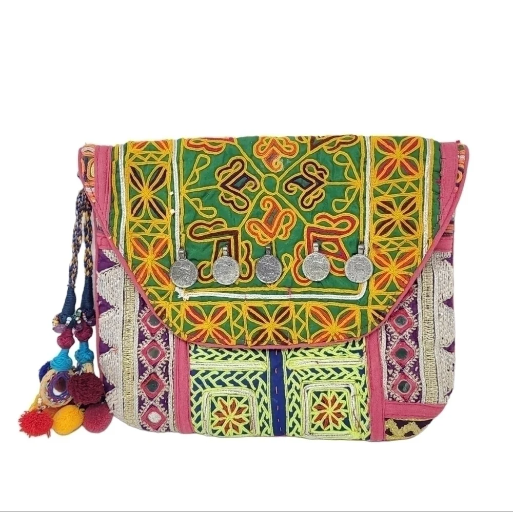 Colorful boho envelope purse bag pom pom embroidery